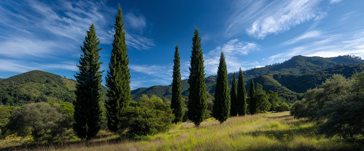 Under a wispy blue sky, a line of majestic cypress trees thrives on a green hillside, their iconic shape and deep color enhanced by geofos land management.