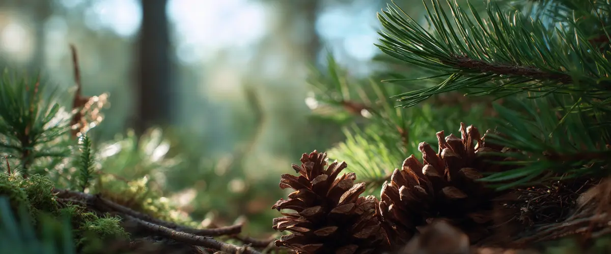 A close-up of two pinecones resting on a mossy forest floor, with pine branches in the foreground and a sunlit, blurry forest background, showcasing a healthy ecosystem supported by geofos.