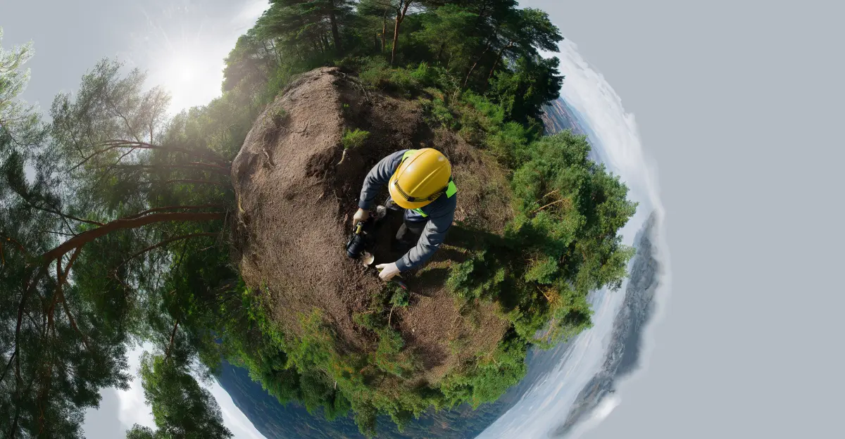 A 360-degree "tiny planet" photo of a forestry worker in a yellow hard hat, kneeling on a mound of earth surrounded by tall pine trees under a bright sun. Geofos