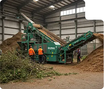 A large, industrial green wood chipping machine is actively processing wood waste inside a spacious, well-lit warehouse. The machine has two conveyor belts: one is feeding in large branches and green waste from the left, while the other is discharging a large pile of uniform wood chips to the right. A massive pile of wood chips has already accumulated. Three workers in high-visibility orange vests are standing near the machine, observing the operation. Another worker is on the far right, near the pile of wood chips. A large pile of unprocessed branches and green debris is visible in the foreground. The image effectively illustrates the process of turning organic waste into valuable resources like biomass or mulch.